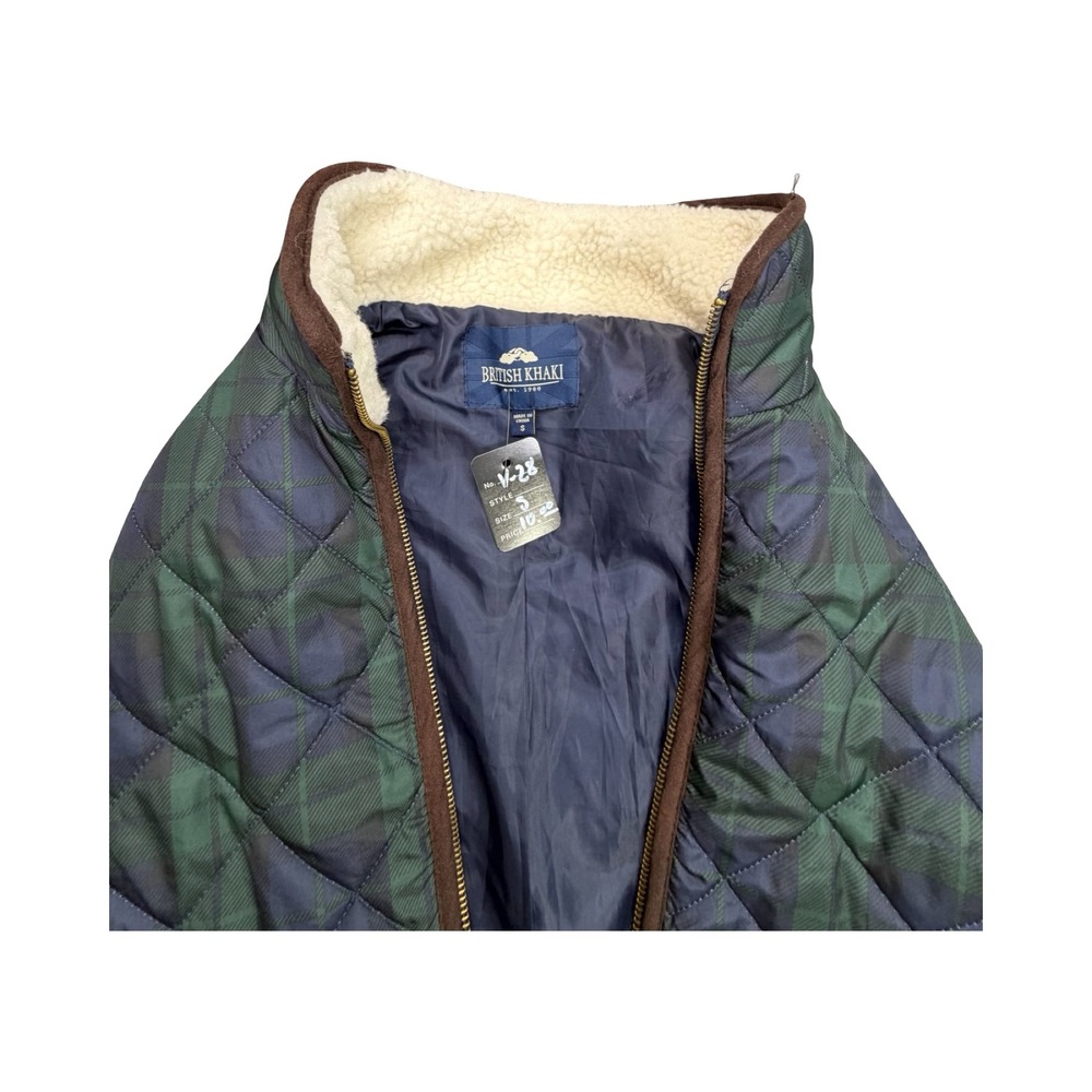 British Khaki Quilted Vest Womens Small Green Plaid Sherpa Collar Puffer V-28 - Picture 3 of 10